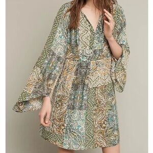 Floreat Anthropologie Amelie Silk Kimono Dress Green Patchwork Paisley Print 10